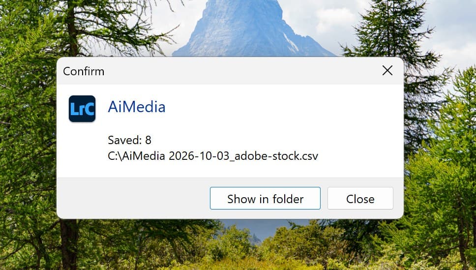 A message window titled AiMedia: Saved: 8, the path of the file, and the buttons Show in folder and Close