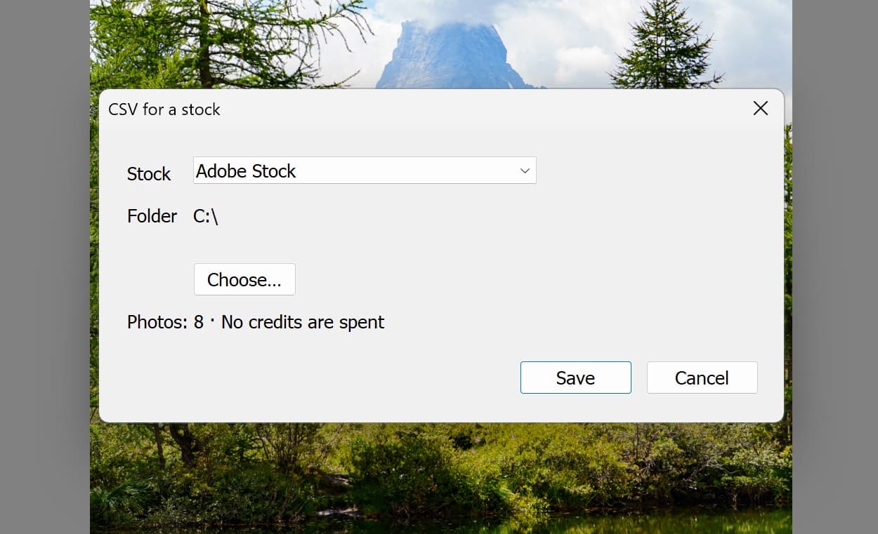 The CSV for a stock window: a list of stocks with Adobe Stock chosen, the folder the file goes to with a Choose button, and the line Photos: 8, No credits are spent