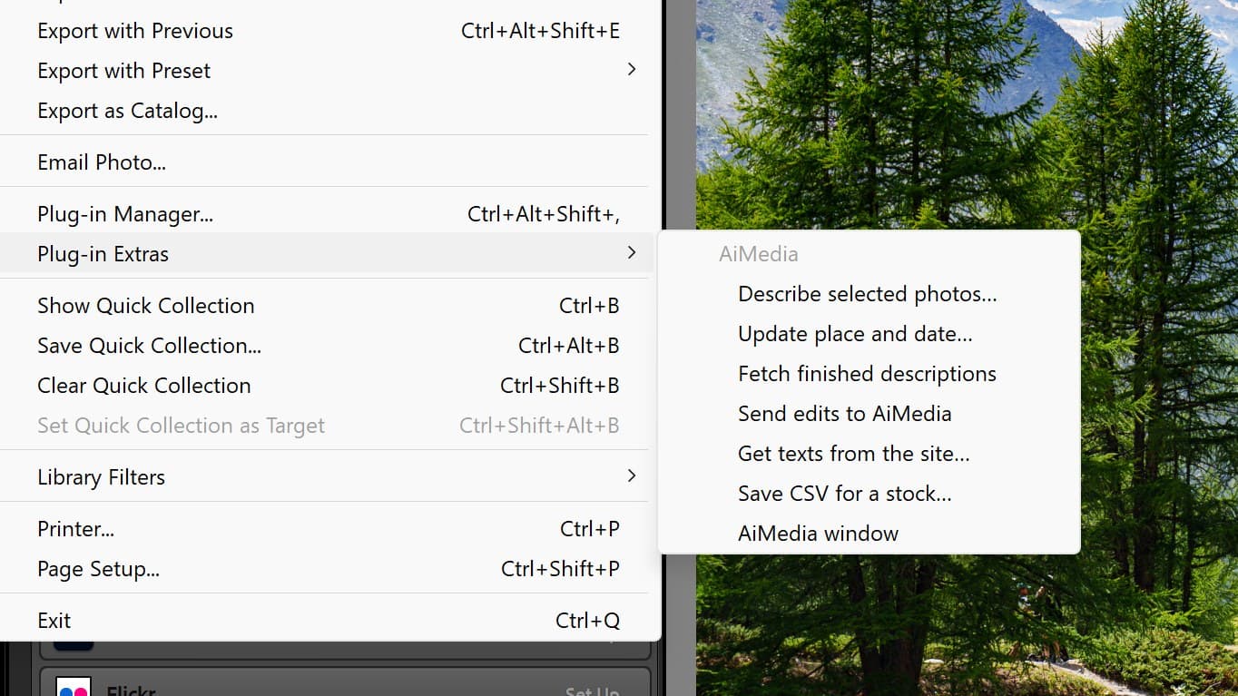 Lightroom's File menu open at Plug-in Extras, showing the seven AiMedia commands