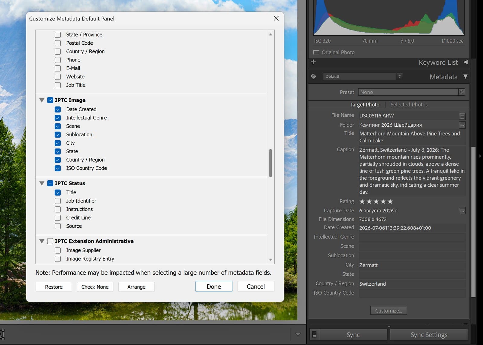 Lightroom's Customize Metadata Default Panel window with the group IPTC Image, where Date Created, City, State and Country / Region are ticked; behind it the Metadata panel shows these fields