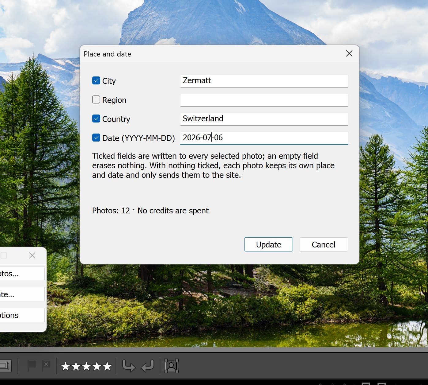 The Place and date dialog: City, Region, Country and Date, each with a tick box; City, Country and Date are ticked and filled in