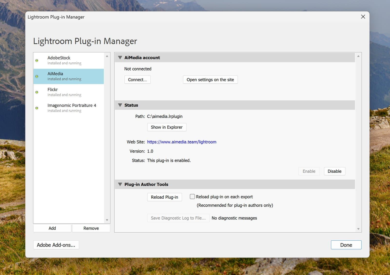 Lightroom's Plug-in Manager: AiMedia in the list on the left, marked Installed and running; on the right the AiMedia account section says Not connected and has a Connect button
