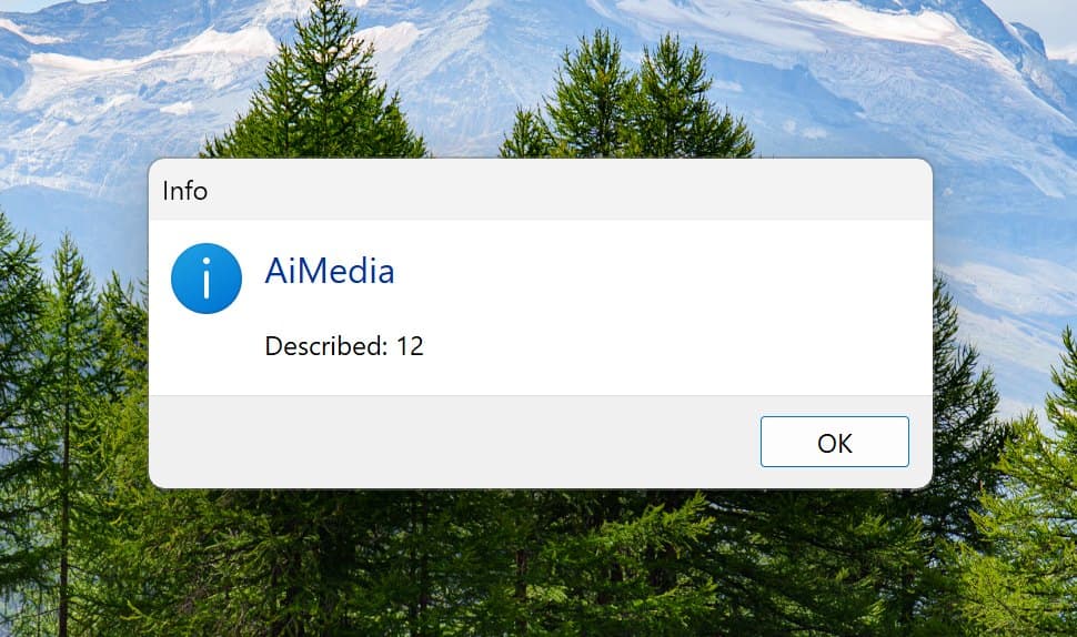 A message window titled AiMedia that says Described: 12