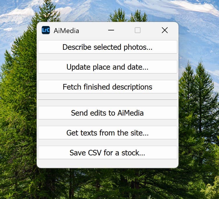 A small window titled AiMedia with six buttons in two groups, above Lightroom